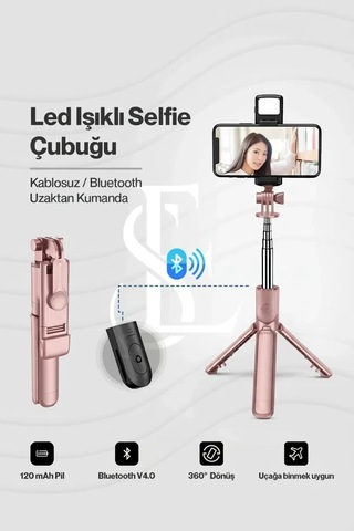 Encag Led Işıklı Selfie Çubuğu Bluetooth Kumandalı Kablosuz Tripot Selfie Monopod Selfie Stick Pembe Lisinya St