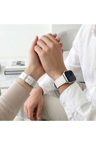 Goldoni Apple Watch Uyumlu Beyaz İnce Gerçek Deri Kordonu Metal Köprülü