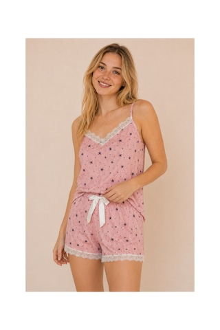 Rindahomewear Kadın İp Askılı Yıldız Desenli Pegasus Kumaş Şortlu Takım Pembe