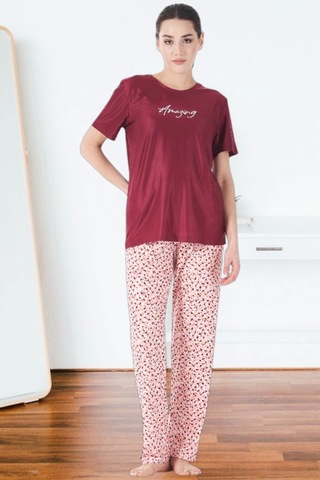 Estiva 25165 Kadın Marla Çiçekli Kısa Kol Pijama Takımı Bordo