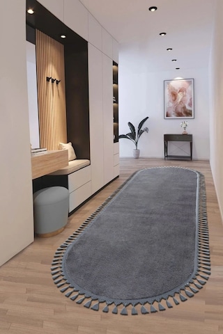Puffy Gri Oval Örgü Saçaklı Peluş Yumuşacık Yıkanabilir Kaymaz Taban Halı Salon Oturma Odası Antrasit