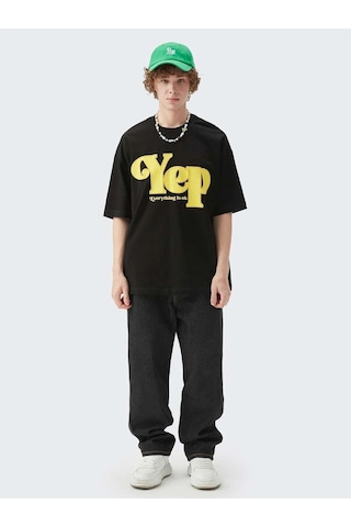 Erkek Siyah Oversize Yep Baskılı T-shirt Siyah