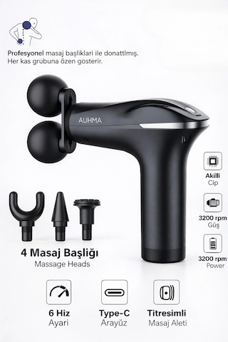 Auhma Amg18 Çift Başlıklı Şarjlı Masaj Tabancası - 6 Kademeli 3200 Rpm Titreşimli Masaj Aleti Siyah
