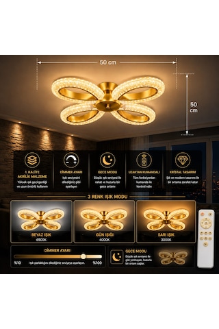 Yagmur 4lu Avize 3 Renk Led Isıklı Kumandalı Salon Avize Oturma Odası Avize Gold