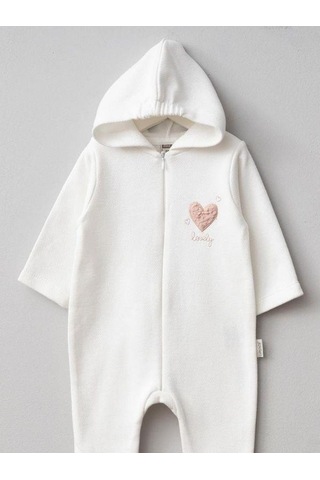 Kız Bebek Kalp Desenli Kapüşonlu Fermuarlı Tulum-15261 Ekru