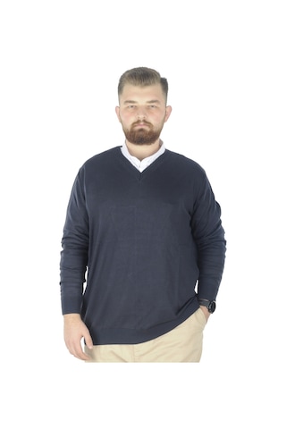 Mode Xl Büyük Beden Kazak V Yaka 22206 Lacivert 001