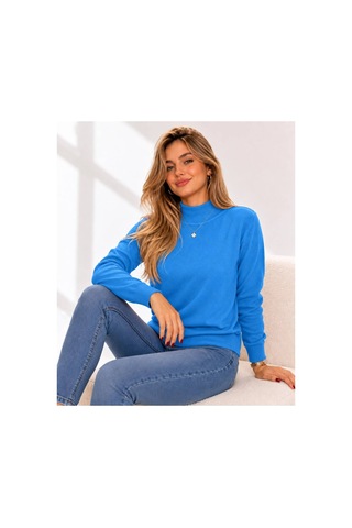 Hira Life Fashion Kadın Şık Tasarım Ve Yumuşak Dokulu Dik Yaka Triko Basic Kazak Bluz Mavi Mavi