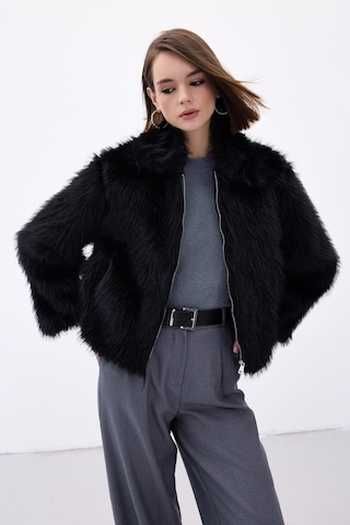 Sateen Fermuarlı Kürk - Siyah-136671 Siyah