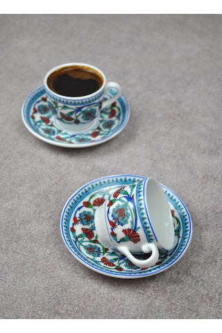2 Kişilik 4 Parça Çini Motifli Porselen Lale Türk Kahve Fincanı