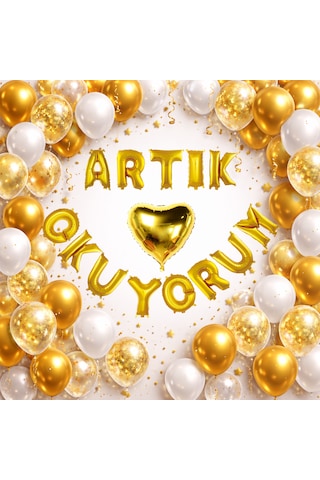 Okuma Bayramı Temalı Artık Okuyorum Folyo Harf Balon Beyaz Gold Konfetili Süsleme Çok Renkli