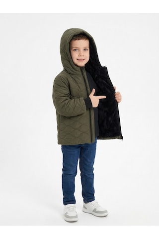 Merdia Kids Soğan Desenli Erkek Çocuk Su Ve Rüzgar Geçirmez İçi Kürklü Mont Haki