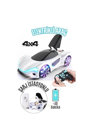 Giffy/oyuncak 2.4 Ghz Uzaktan Kumandalı Şarjlı Elektrikli Araba 4x4 Şarj İstasyonlu Buharlı Led Işıklı Sesli Müzikli Full Fonksiyon 4 Çeker Drift Atabilen 1200 Mah Şarjlı Pilli Premium Beyaz