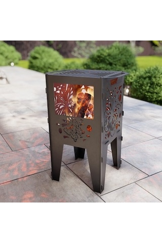 Kelebek Desenli Dekoratif Kare Mangal Portatif Ateş Çukuru Siyah