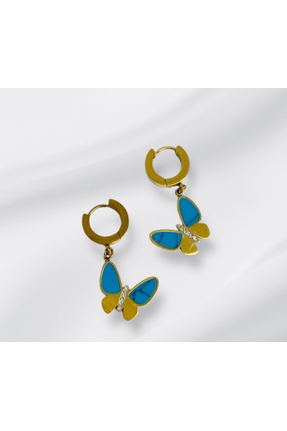 1001 Aksesuar Kelebek Model Turkuaz Ve Gold Renkli Çelik Küpe