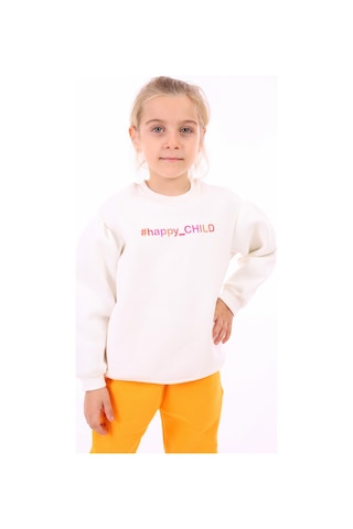 Toontoy Kız Çocuk Oversize Bisiklet Yaka Büzgülü Balon Kollu Baskılı Sweatshirt - 3 İplik Şardonlu Ekru
