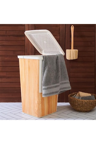 Qutu Ahşap Görünümlü Çamaşır Sepeti - Beyaz - 55 Lt Beyaz