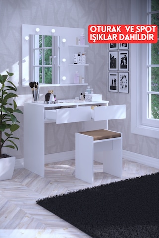 Dekorfim DF02104B Tabureli Çekmeceli Işıklı Aynalı Makyaj Masası