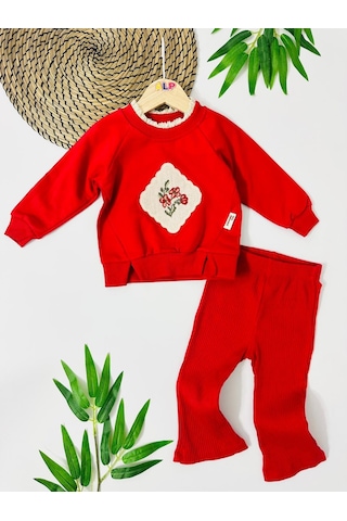 Kanaviçe Çiçek Detaylı Fitilli Tayt Mevsimlik 2 Parça Set Kırmızı