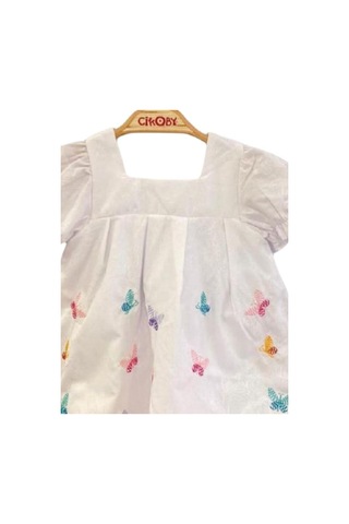 Çikoby Kız Bebek Pamuklu Kelebek Desenli Elbise-13885 Beyaz