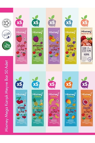 Mega Karışık Meyve Bar Paketi 50 Adet Atıştırmalıklar Vegan, Glutensiz 20gr X 50 Adet