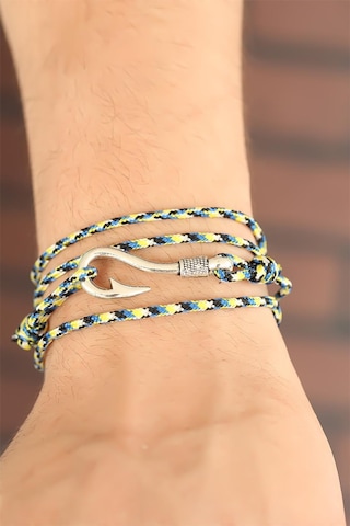 Sarı Mavi Çizgi Desenli Gümüş Renk Metal Kancalı Erkek Bileklik Çok Renkli