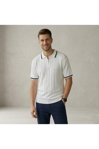 Fermuarlı Polo Yaka Kısa Kollu Triko T-shirt Beyaz