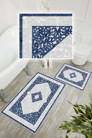 Dijital Baskı Klasik Kaymaz Taban 2li Set Banyo Paspası Klozet Takımı 50x60cm-60x100cm Mavi
