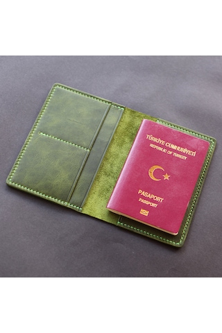 Leather Craft Hakiki Deri Isme Özel Pasaport Kılıfı - Yeşil