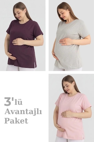 Carlburn Premium Pamuklu Kısa Kollu Hamile Tişört 3'lü Paket Pratik Kıyafet Hediyelik Üst Alternatif Giyim Pembe Gri Mürdüm
