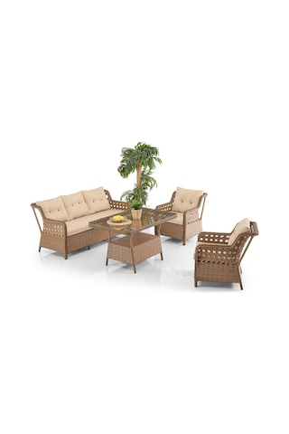 Deniz Rattan Puflu Bahçe Balkon Takımı 3+1+1 Kahve