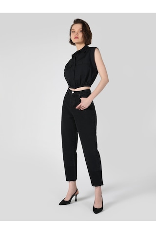 Colin's Regular Fit Cepli Crop Siyah Kadın Kısa Kol Gömlek CL1063852_Q1.V1_BLK