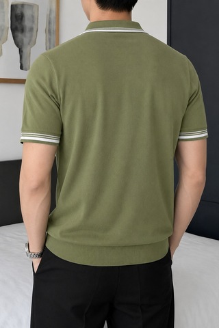 Tarz Cool Erkek Fermuar Yaka Triko Polo Tişört Slim Fit Pamuklu Yazlık Triko Yeşil