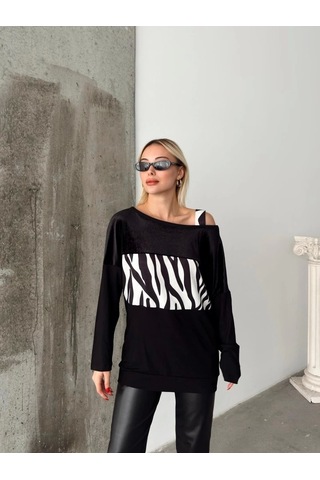 Saklımoda Kadın Kadife Kumaş Zebra Desenli Omuz Detay Uzun Kollu Bluz Zebra