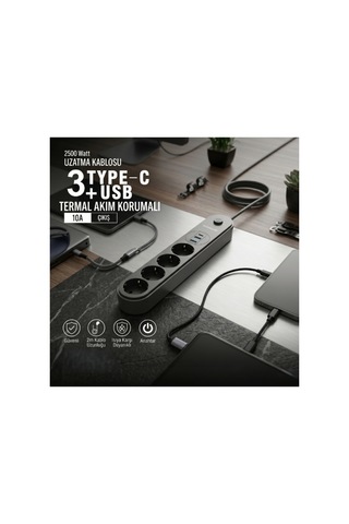 Termal Akımm Korumalı 4 Prizli Usb Girişli Uzatma Kabloosu Le