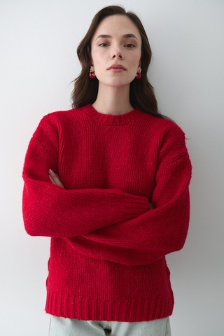 Kırmızı Uzun Kollu Relax Kazak - 251091 Kırmızı