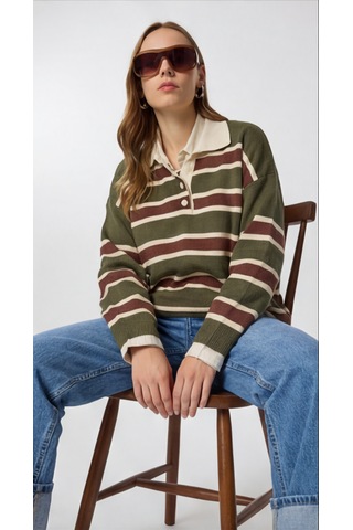 Modeva Global Kadın Çizgili Polo Yaka Triko Kazak Düğmeli, Oversize Rahat Kesim, Trend Günlük Stil Haki - Kahverengi