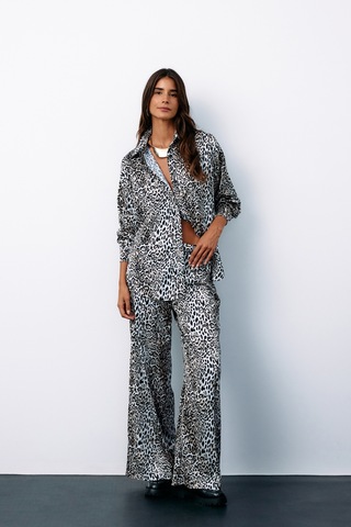 Sateen Yüksek Bel Saten Leopar Pantolon - Ekru-135186 Ekru