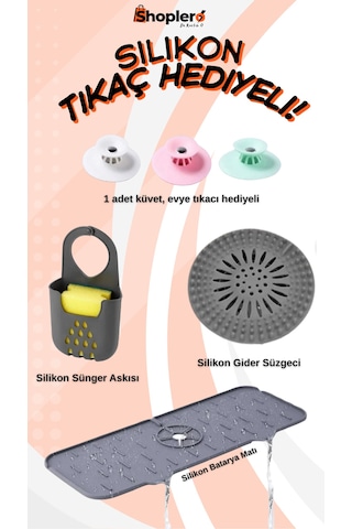 Üçlü Antrasit Silikon Mutfak Seti, Lavabo Matı, Süzgeç, Sünger Askılık Antrasit - Gri