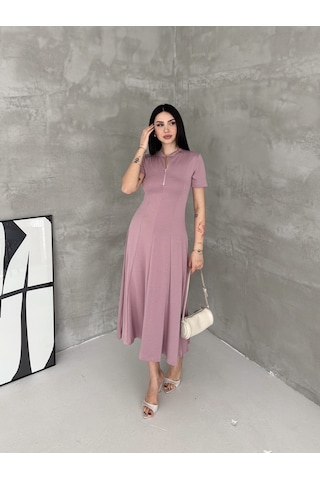Elaxi Kadın Fermuar Detaylı Maxi Uzun Modal Elbise Pembe