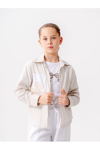 Giyicem Kız Çocuk Cep Garnili Gömlek T-shirt İkili Takım 1808 Ekru