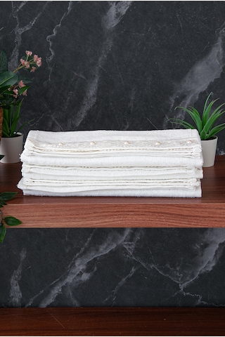 % 100 Pamuklu Kadife Güpürlü İnci Işlemeli 6 Lı Çeyizlik El Yüz Havlu Seti - 30x50 Cm - 04466 - Beyaz Beyaz