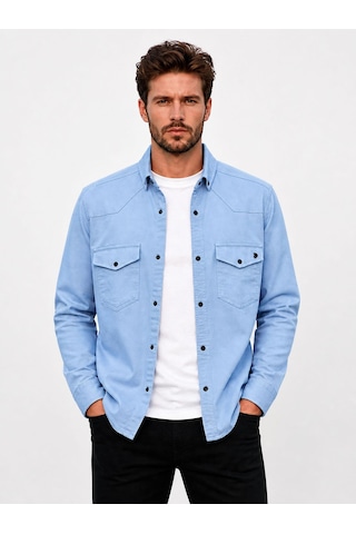 Classics Men Reeport Uzun Kol Slim Fit Erkek Kot Gömlek - 7643 Buz Mavi