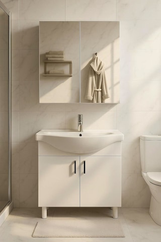 65 Cm Beyaz Mdf Seramik Lavabolu Ayaklı Aynalı Banyo Dolabı Beyaz