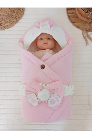 Yenidoğan 4 Kat Müslin Kumaş Kulaklı Patili Fiyonk Bebek Battaniyesi Kundak Pembe Çok Renkli