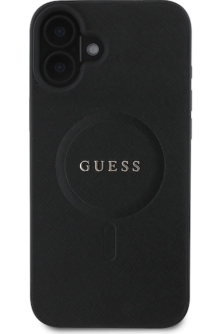 Apple iPhone 16 Uyumlu Kılıf Guess Lisanslı Magsafe Şarj Özellikli Yazı Logolu Saffiano Classic Siyah