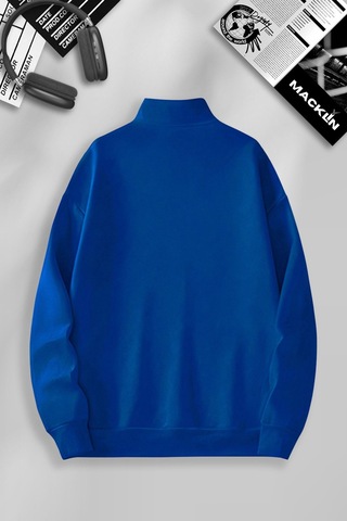 Macklin Unisex Kadın Erkek Essentials Baskılı Yarım Fermuarlı Dik Yaka Basic Sweatshirt Mavi Mck0611 Mavi