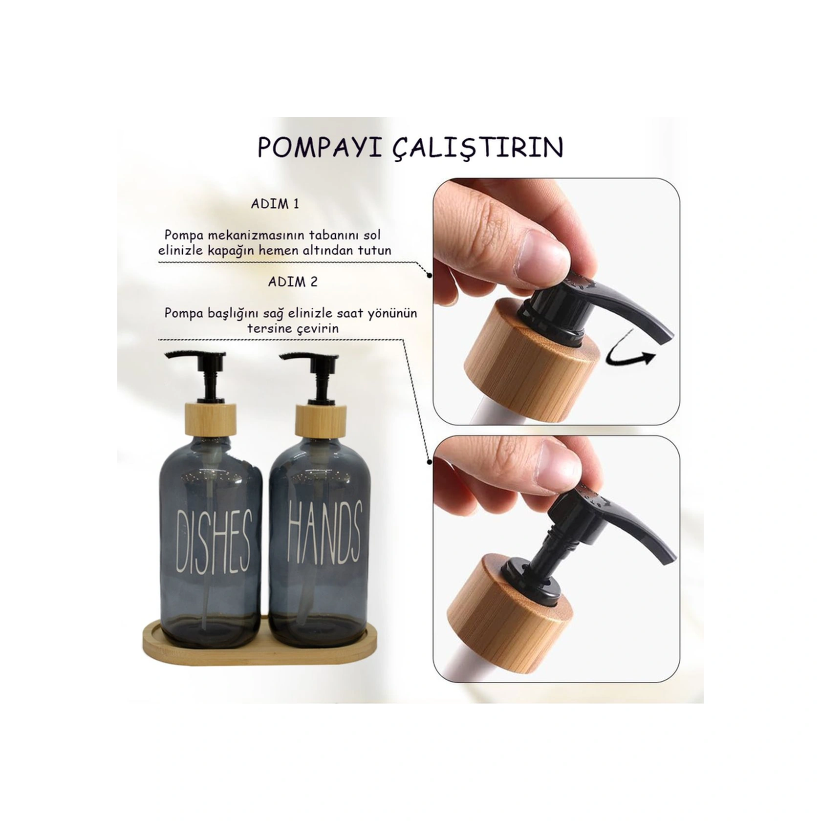 2 Li Füme Mutfak Sıvı Sabunluk Seti Hands&dishes Bambu Tepsili Gri