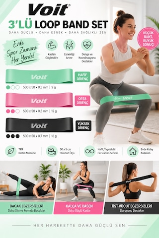 3’lü Loop Direnç Bandı Seti Pilates ve Fitness Egzersiz Lastiği