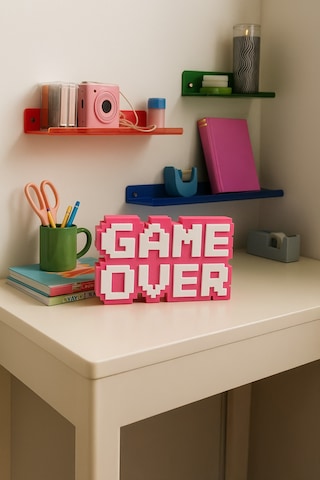 Retro Game Over Kabartmalı Dekoratif Obje - Pembe Masaüstü Ve Duvar Süsü Hediye