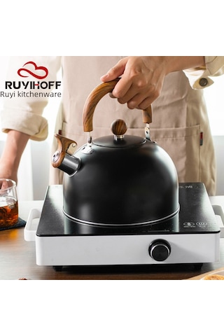 Mufunye 3l Paslanmaz Çelik Kaynar Su Potu, Ahşap Desenli Kollü, Modern Mutfak/bar İçin Zilli, Siyah, Dayanıklı, Çok Amaçlı Diğer